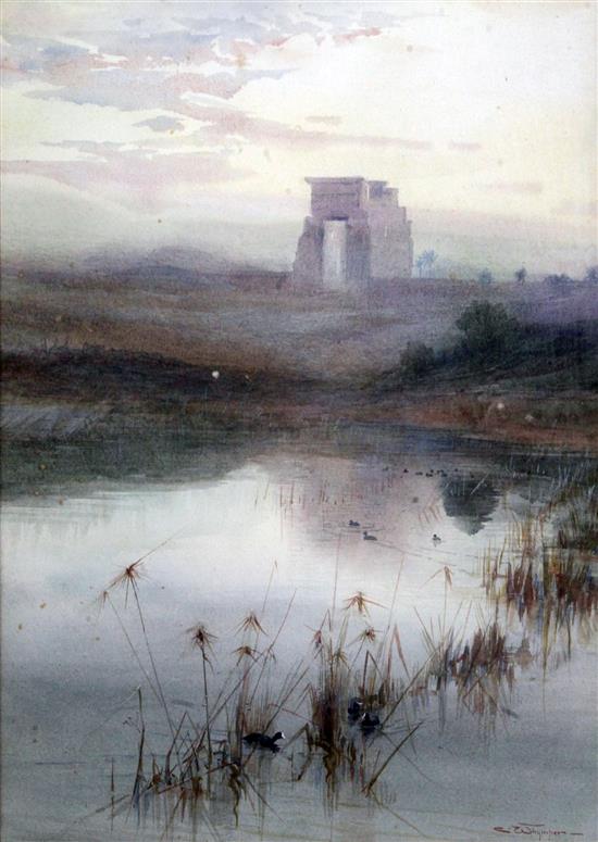 Charles Whymper (1853-1941) Coots in marshland with ruins of Luxor beyond 14 x 10in.
